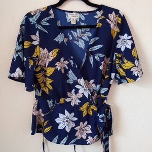 Navy blue floral wrap shirt